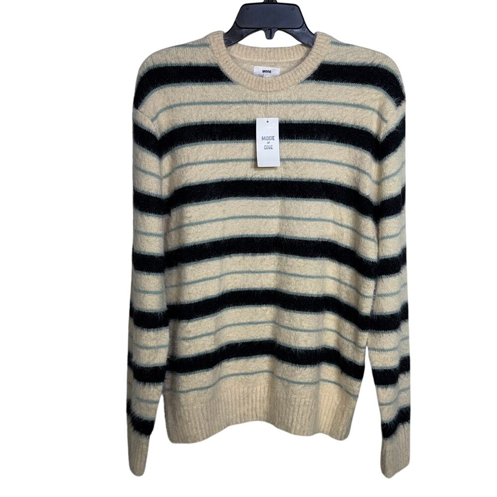Mode of One Men's Long-Sleeve Eyelash Stripe Sweater, Dark Ecru Small $70